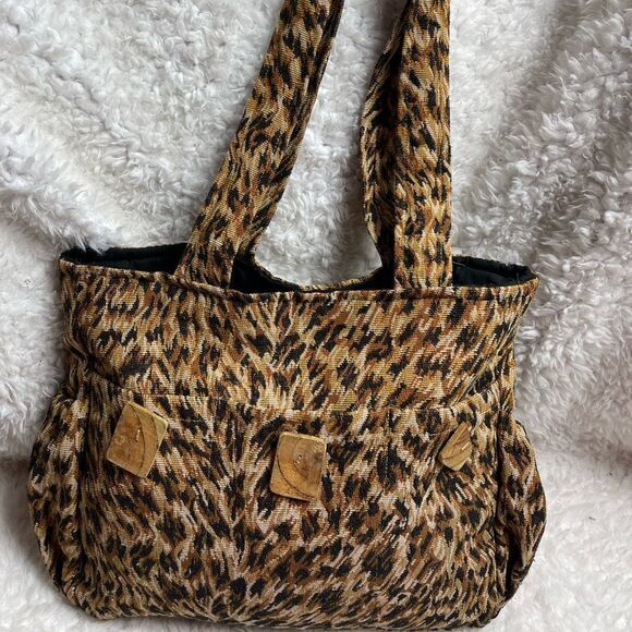 Evangeline ministry handcrafted cloth shoulder bag leopard prints wooden buttons - Picture 1 of 12